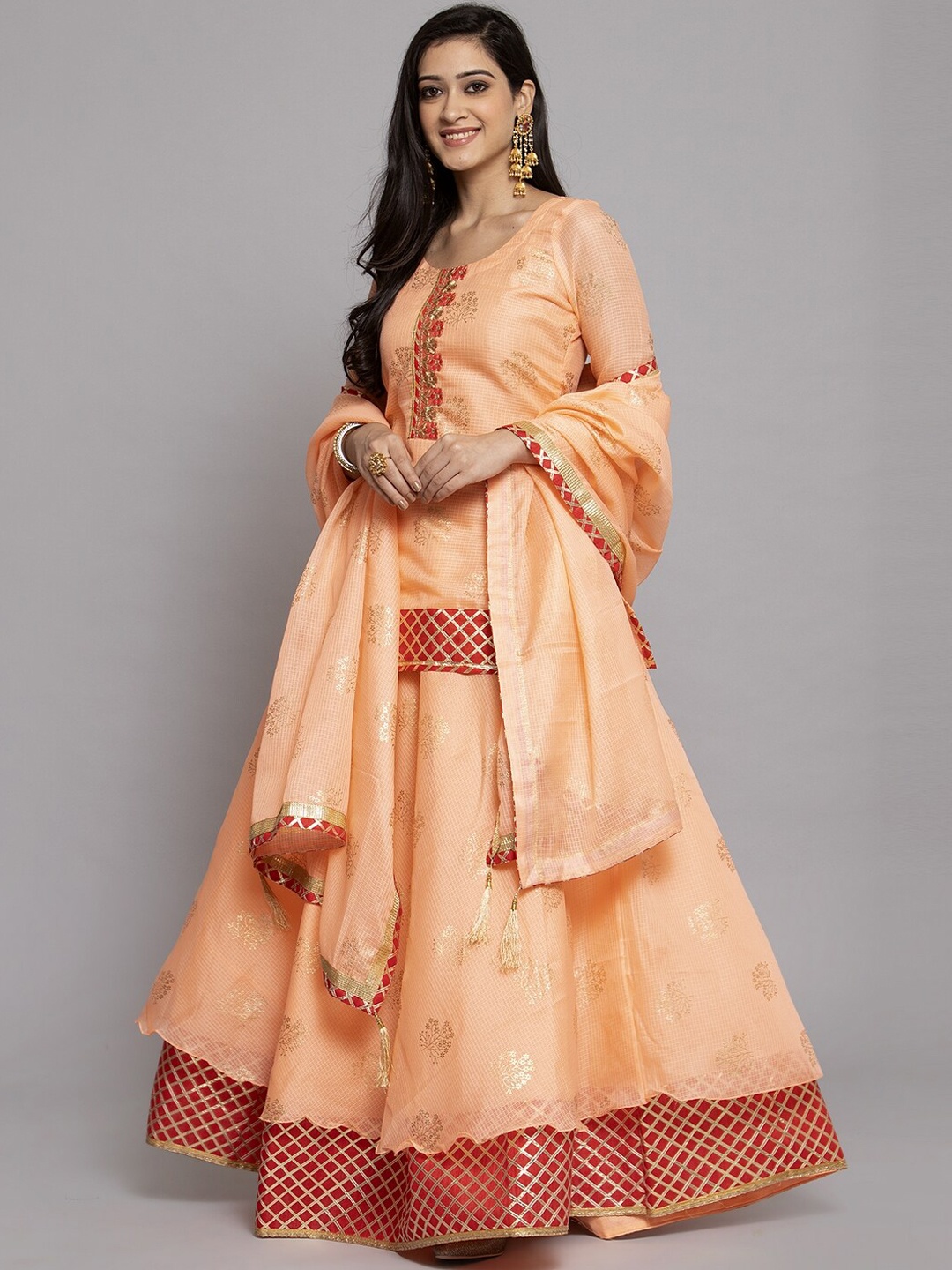 

Get Glamr Peach-Coloured & Gold-Coloured Ready to Wear Lehenga & Blouse with Dupatta