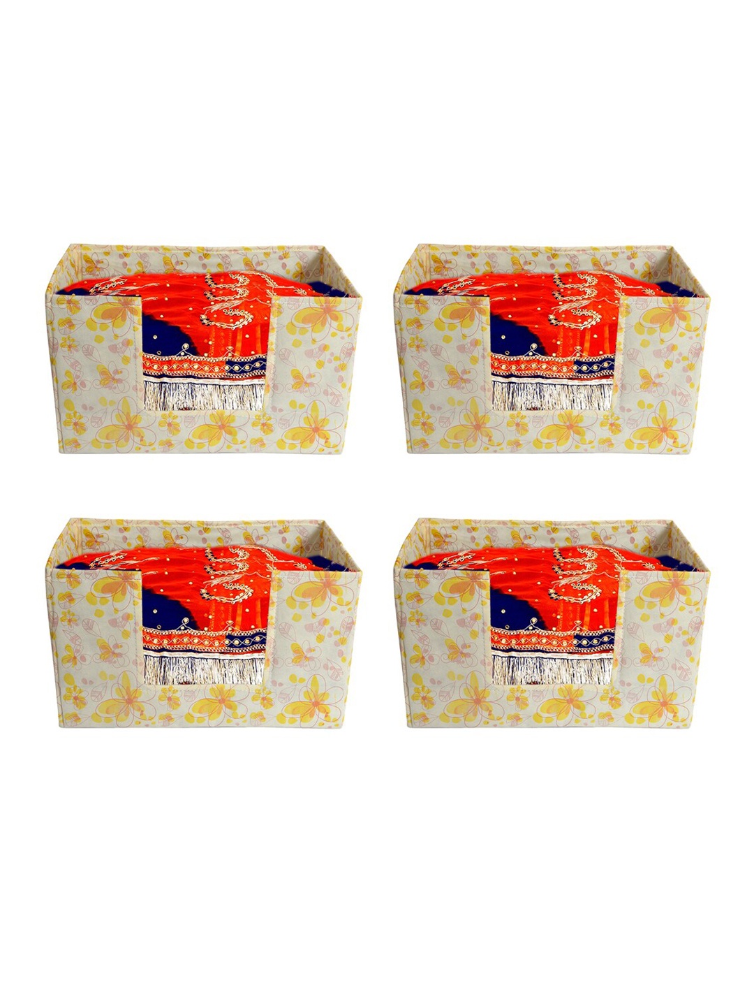 

Kuber Industries Set Of 4 Off- White & Yellow Flower Printed Shirt Stacker Organisers With Handles