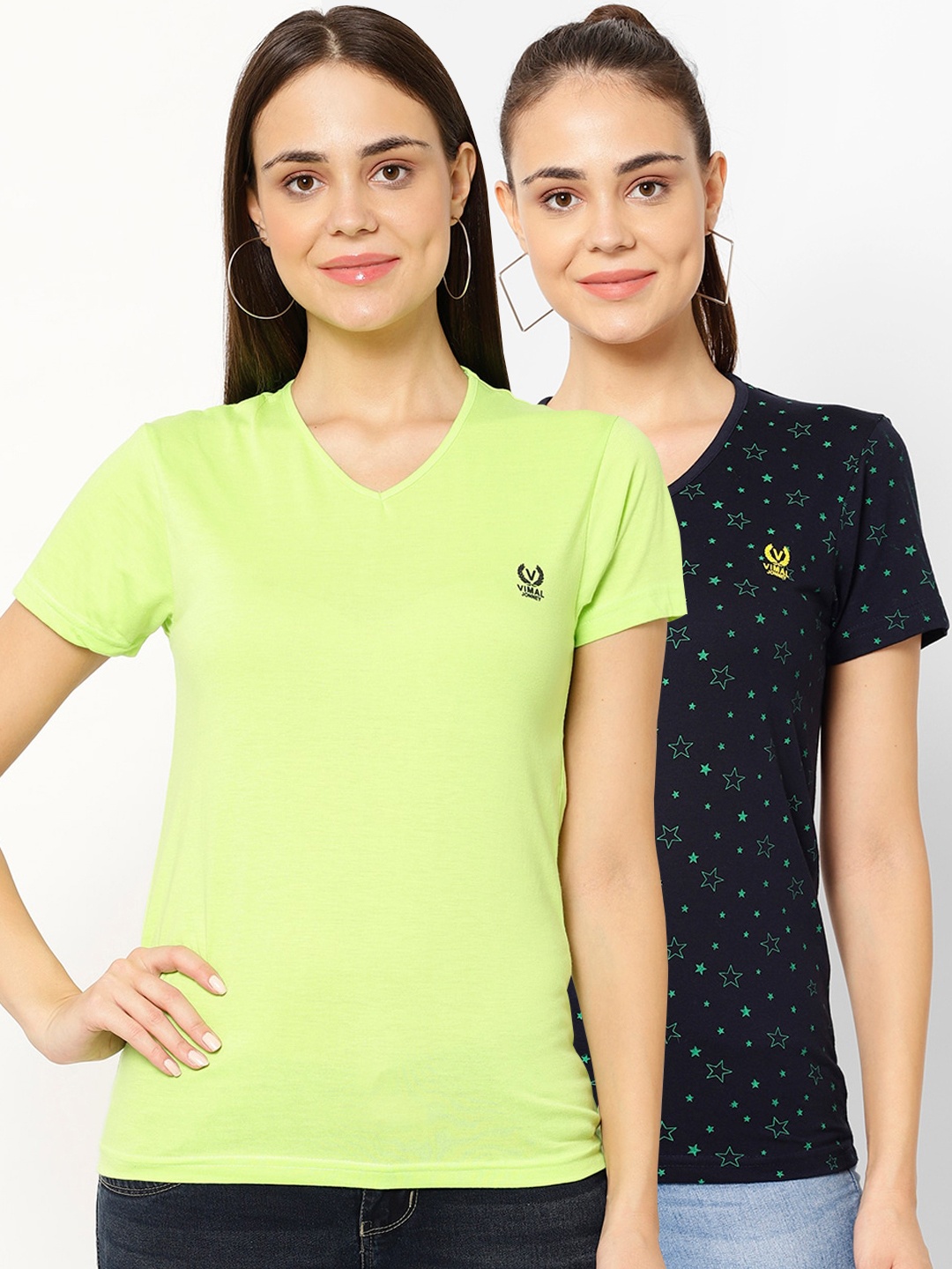 

MACK JONNEY Women Pack Of 2 Solid V-Neck T-shirt, Green