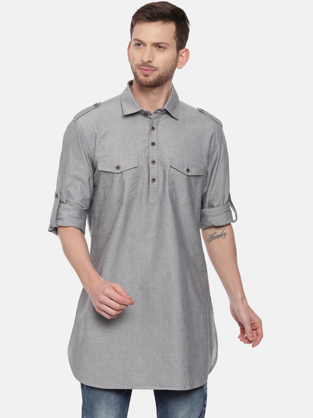 

IVOC Men Grey Solid Pathani Kurta