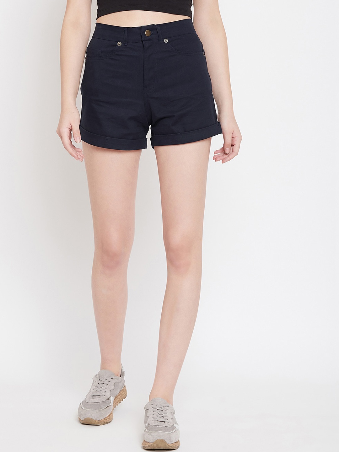 

Hypernation Women Navy Blue Solid Slim Fit Denim Shorts