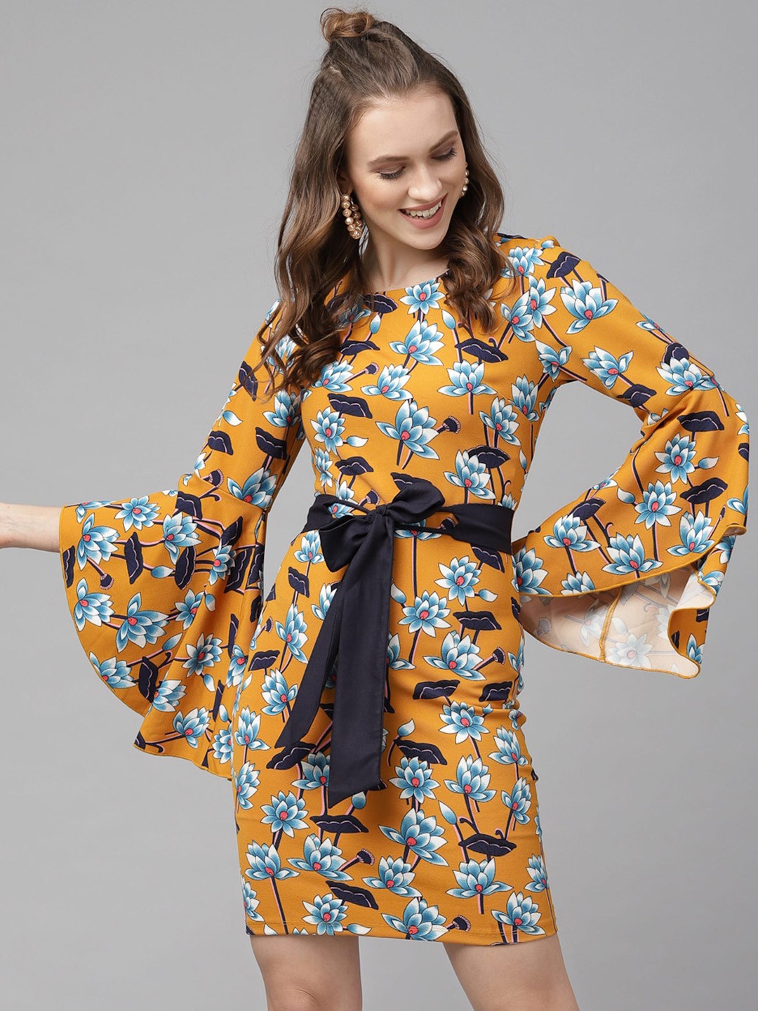 

KASSUALLY Women Mustard Printed Sheath Dress