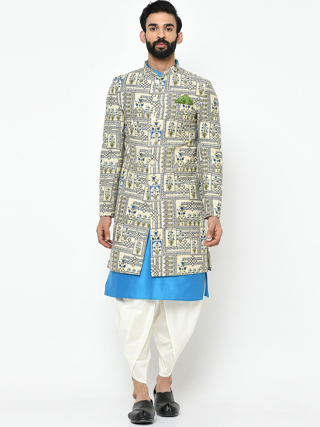 

Vartah Men White & Blue Printed Sherwani Set