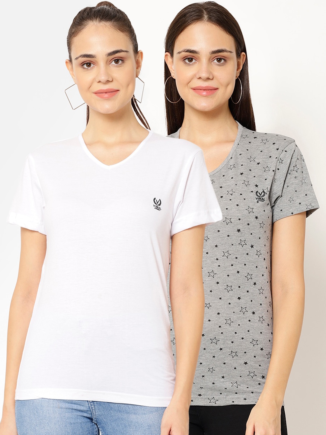 

MACK JONNEY Women Pack Of 2 Printed V-Neck T-shirt, White
