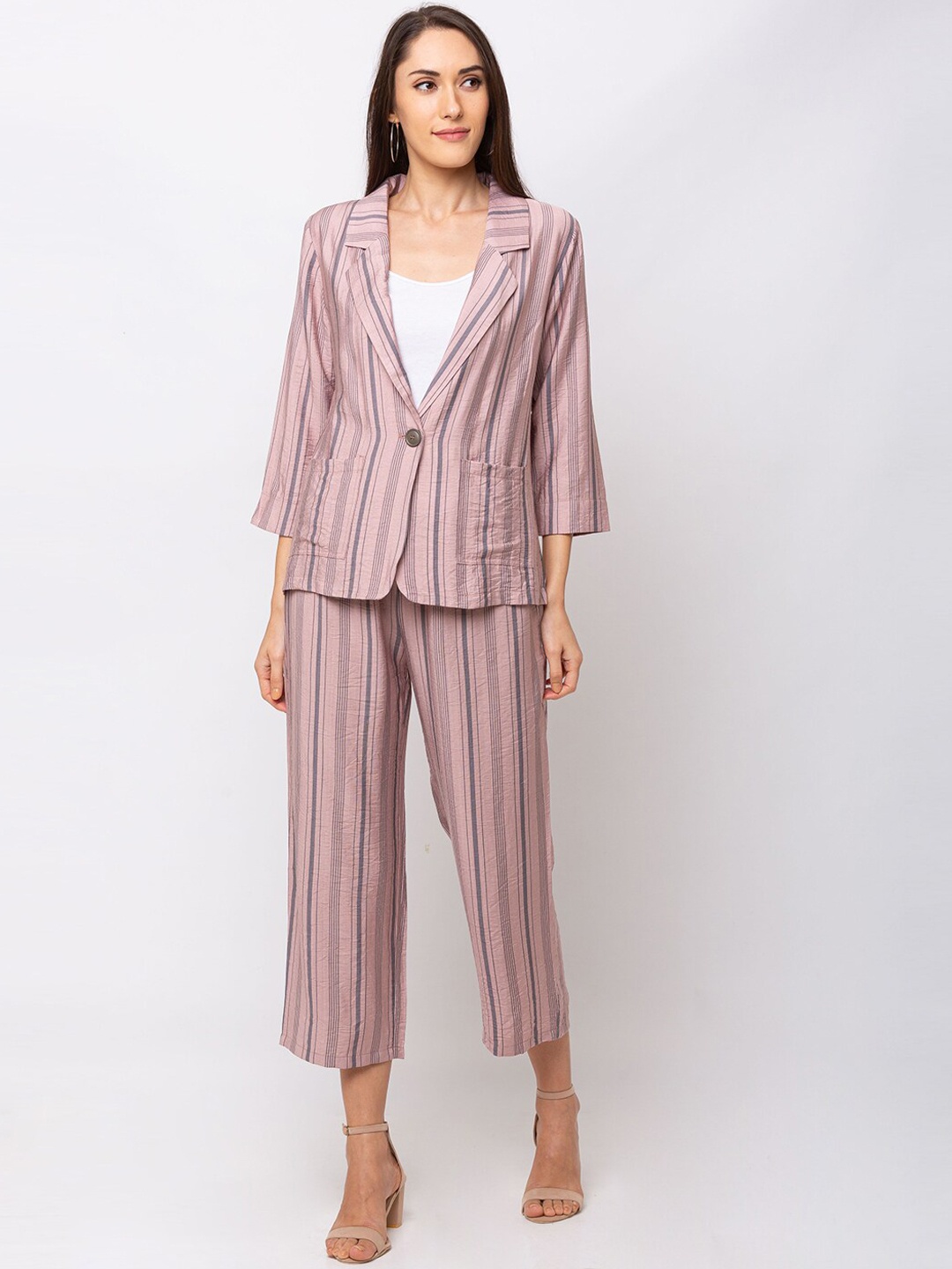 

SHECZZAR Women Pink Striped Coat & Trousers Clothing Set
