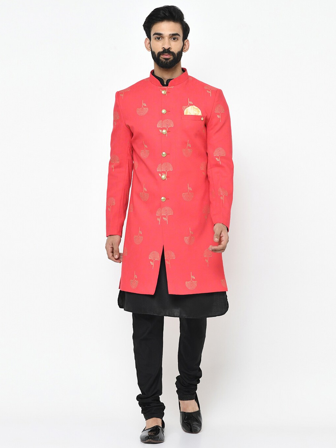 

Vartah Men Pink & Black Printed Kurta Sherwani Set