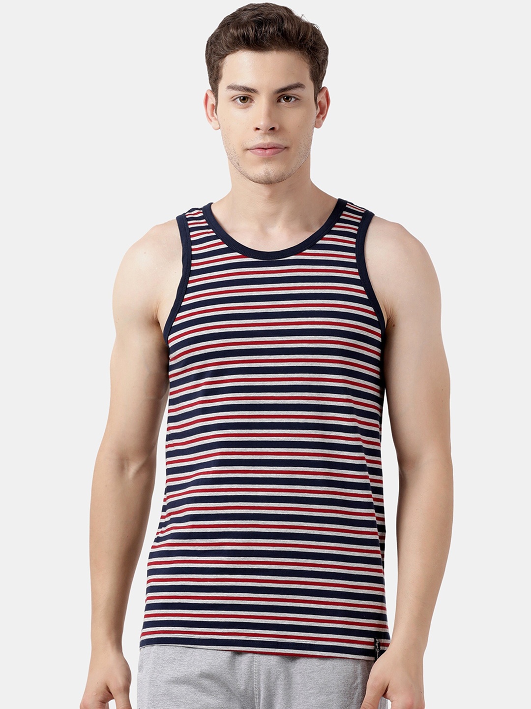 

Pepe Jeans Men Navy Blue & Maroon Striped Gym Vest