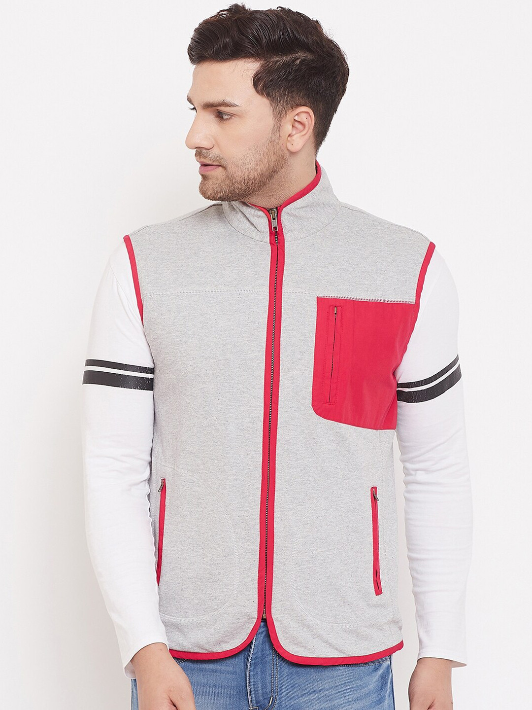 

CHILL WINSTON Men Grey Striped Bomber Jacket