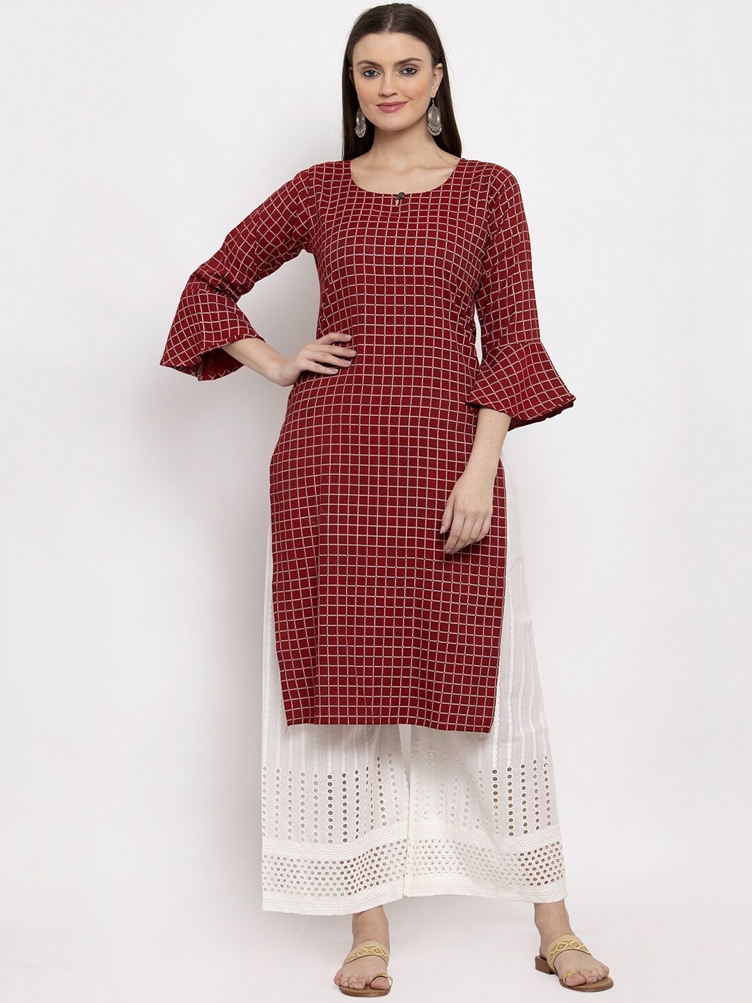 Miaz Lifestyle Women Maroon Checked Straight Kurta