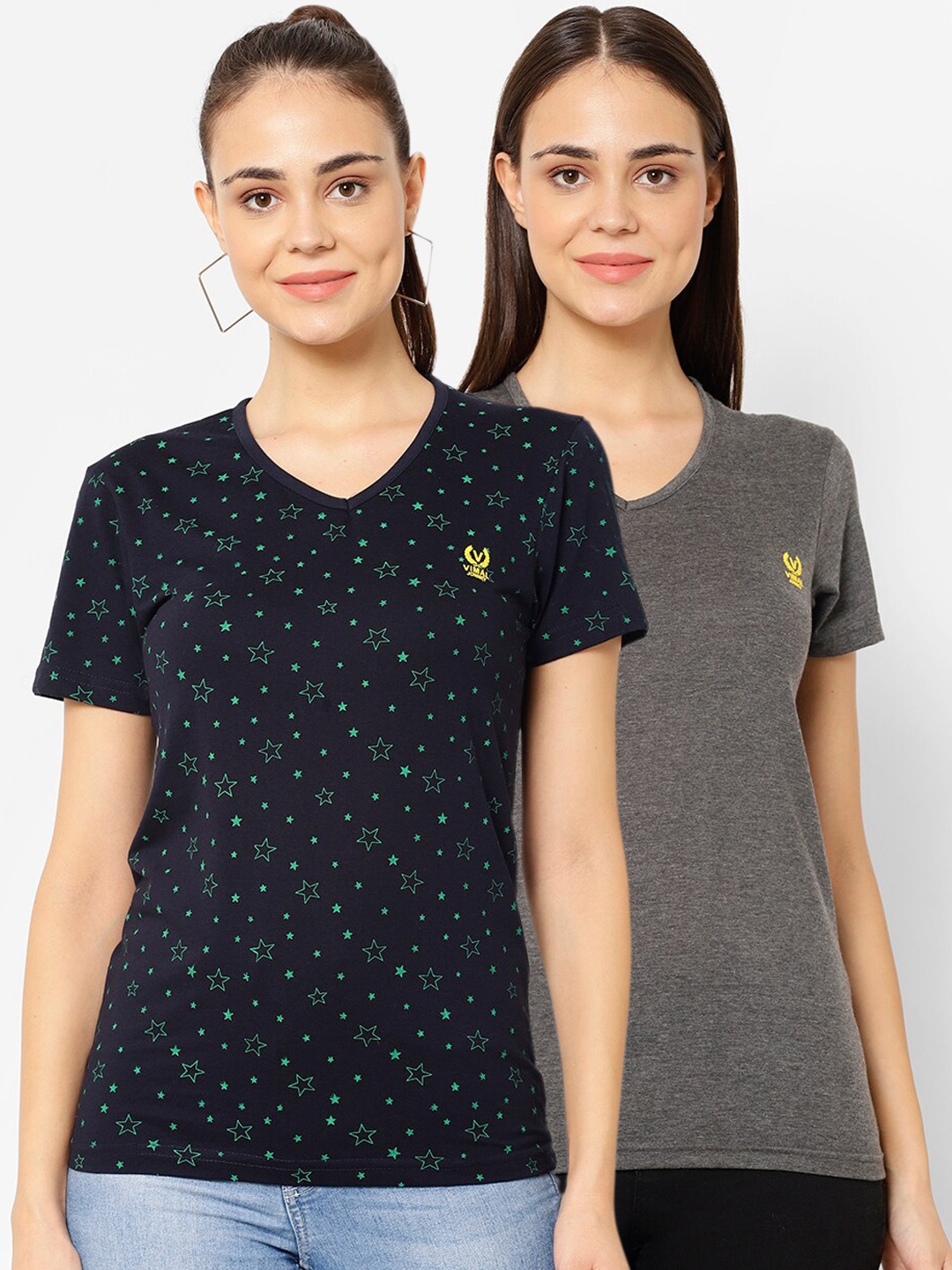 

MACK JONNEY Women Pack Of 2 Solid V-Neck T-shirt, Navy blue