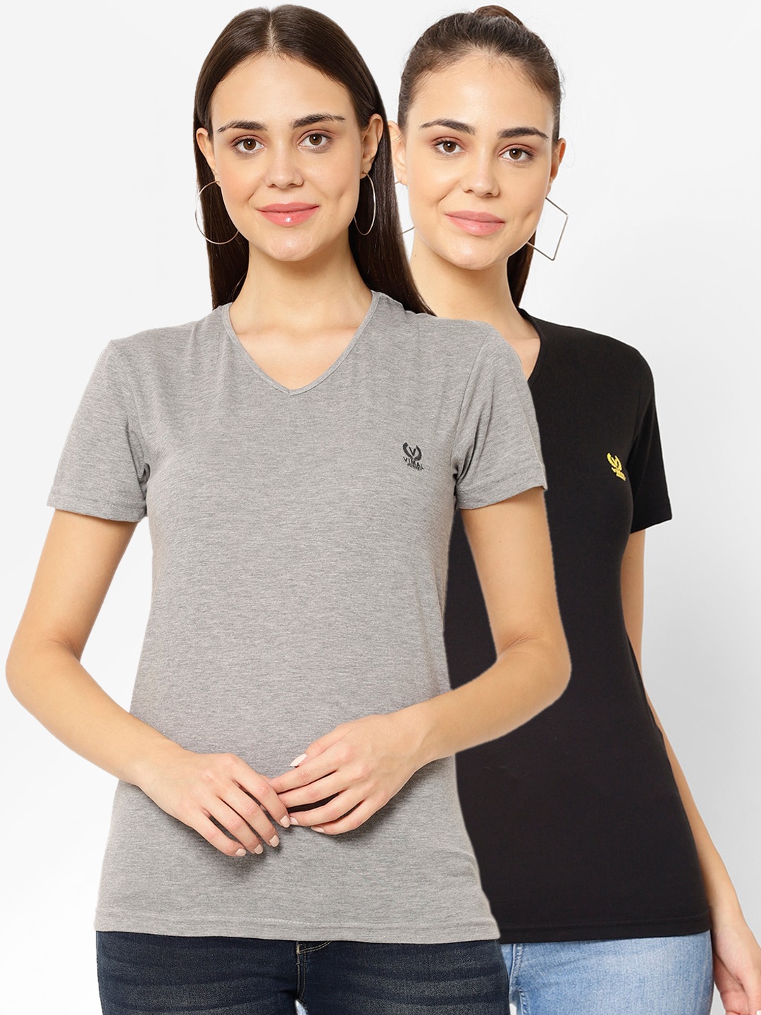 

MACK JONNEY Women Pack Of 2 Solid V-Neck T-shirt, Grey