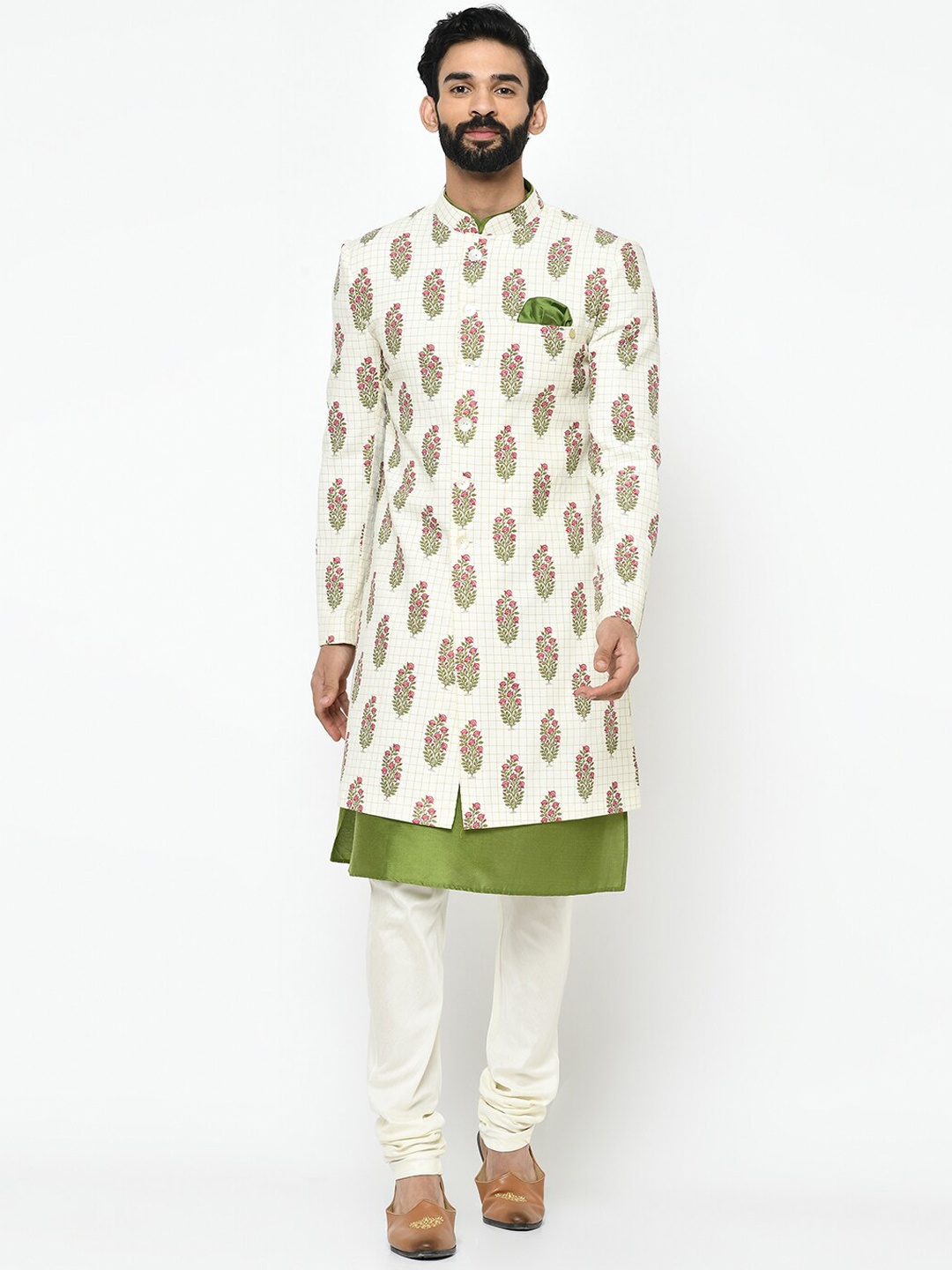 

Vartah Men White & Pink Printed Sherwani Set
