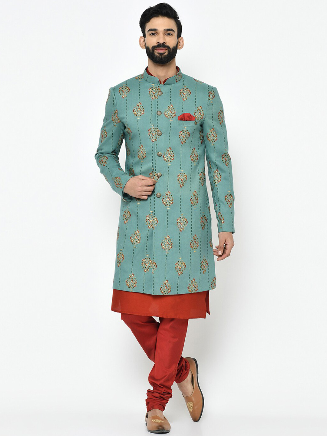 

Vartah Men Green & Gold-Coloured Printed Sherwani Set