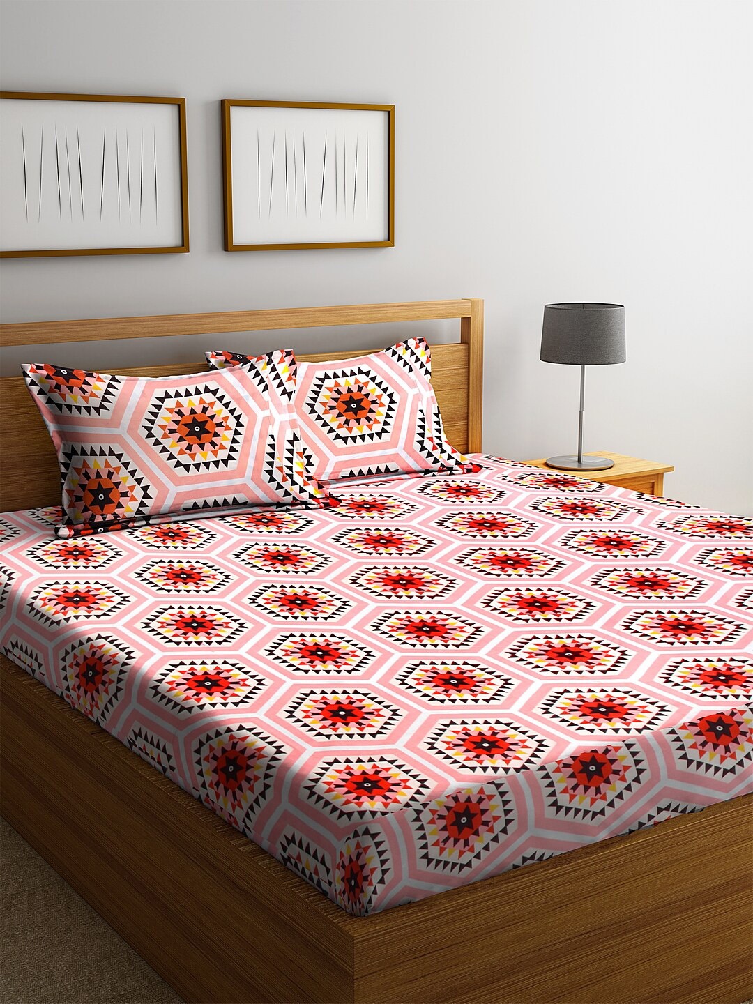 

KLOTTHE Pink Abstract 300 TC Cotton 1 King Bedsheet with 2 Pillow Covers