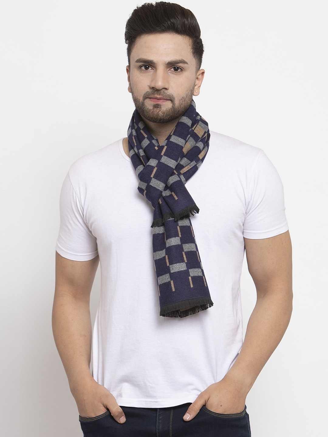 

Calvadoss Men Navy Blue & Grey Checked Muffler