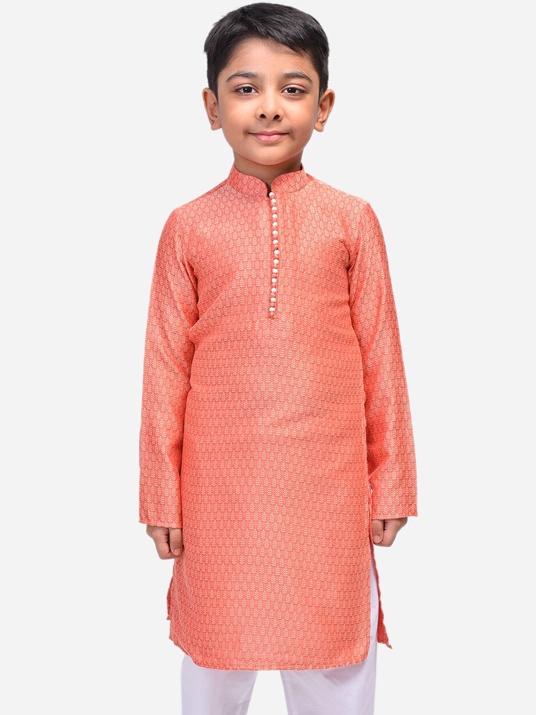 

NAMASKAR Boys Peach-Coloured Woven Design Straight Kurta