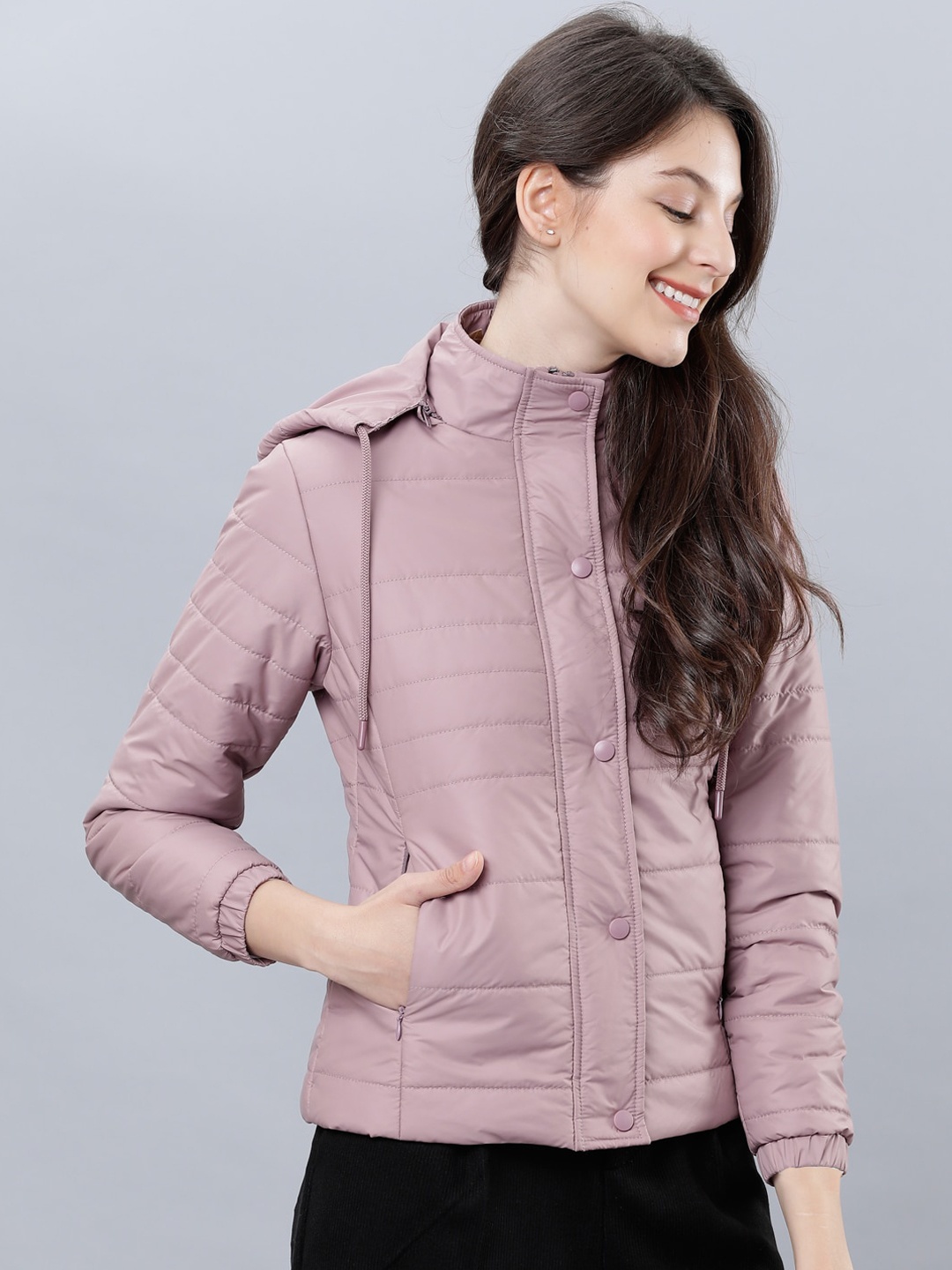 

Tokyo Talkies Women Pink Solid Padded Jacket