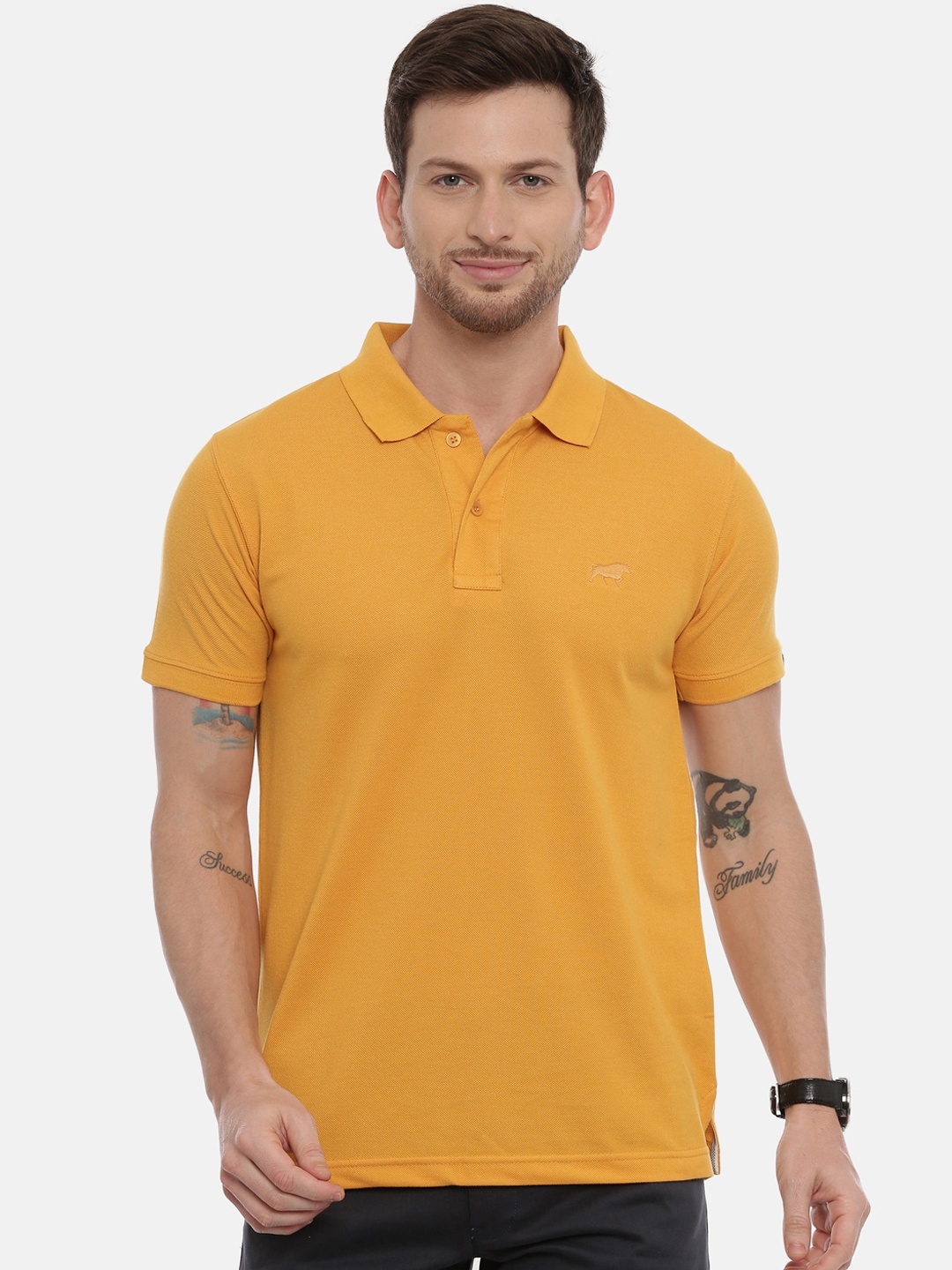 

Bushirt Men Mustard Solid Polo Collar T-shirt