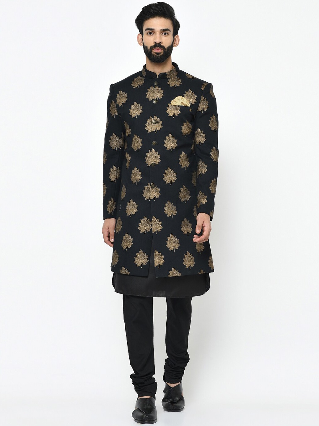 

Vartah Men Black & Gold-Coloured Printed Sherwani Set