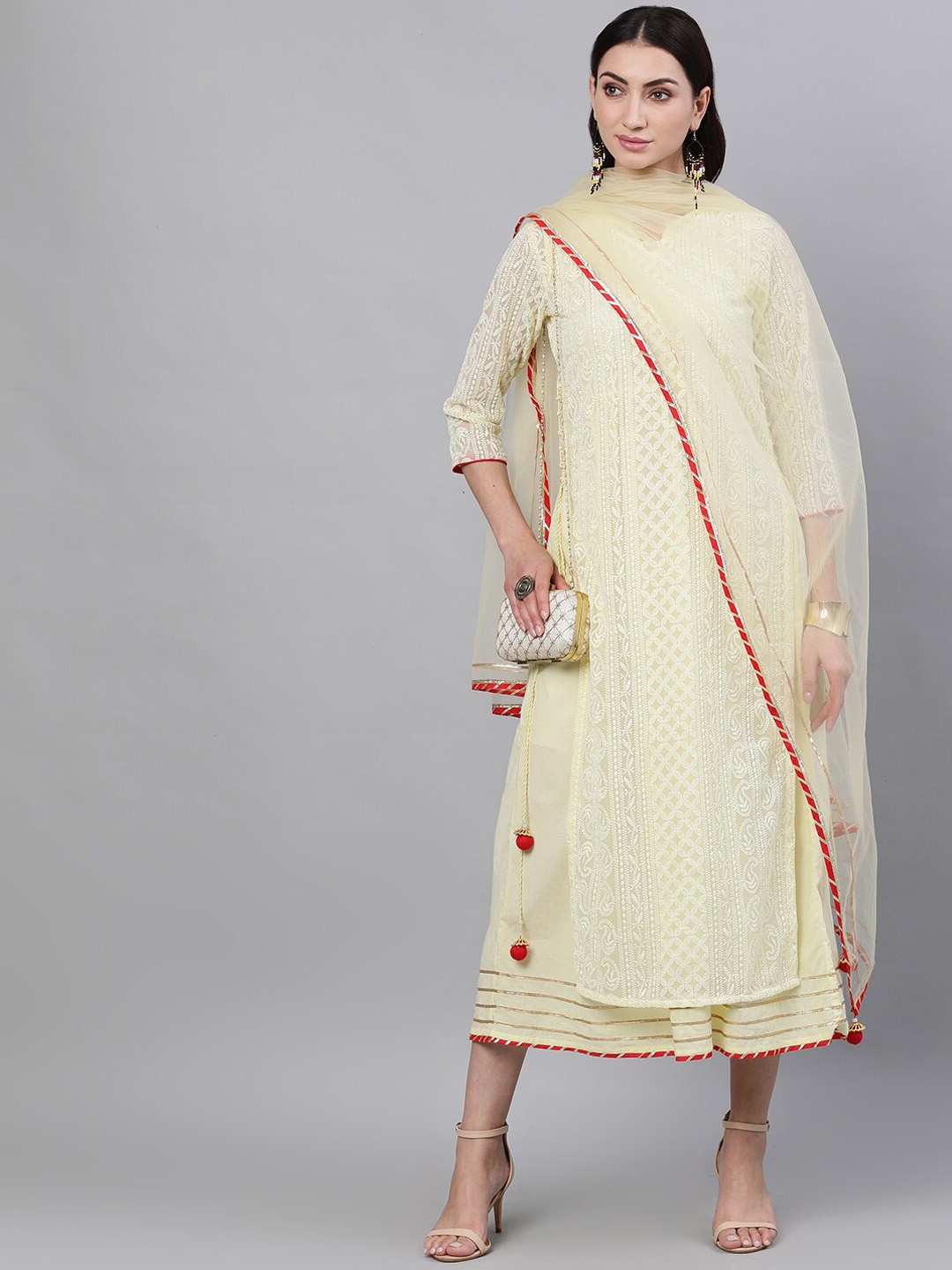 

Nayo Women Yellow Self Design Maxi Dress With Net Dupatta