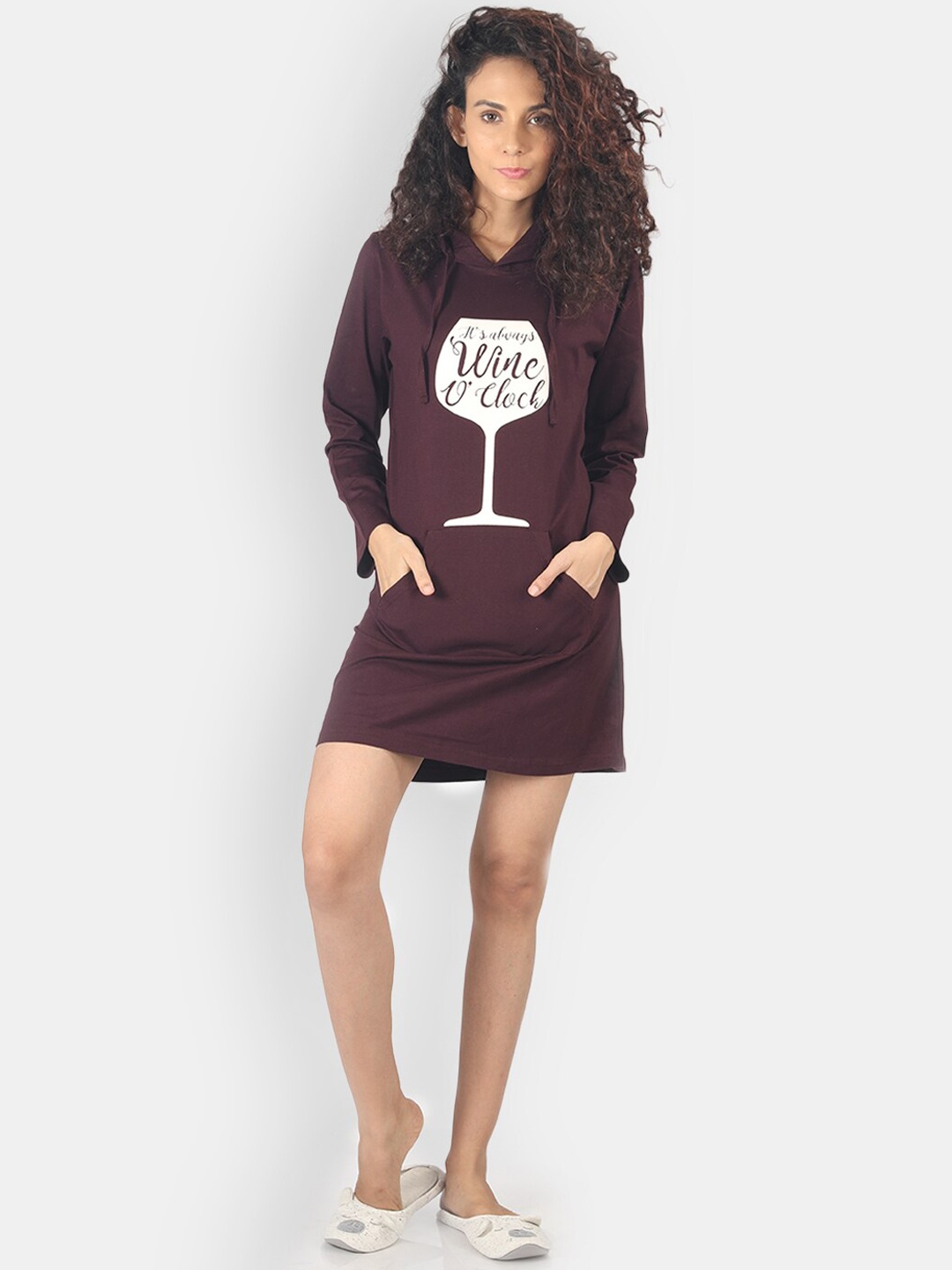 

Nite Flite Women Maroon Printed Hoodie Nightdress
