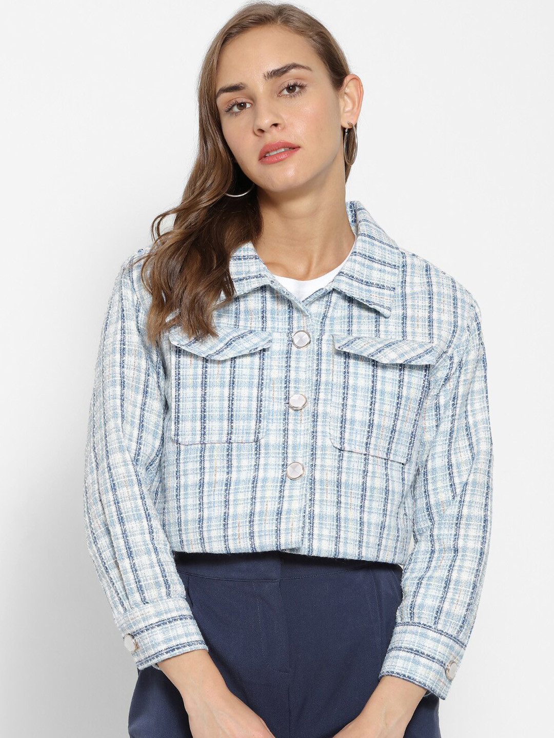 

Campus Sutra Women Blue Self Design Single-Breasted Pure Cotton Blazer