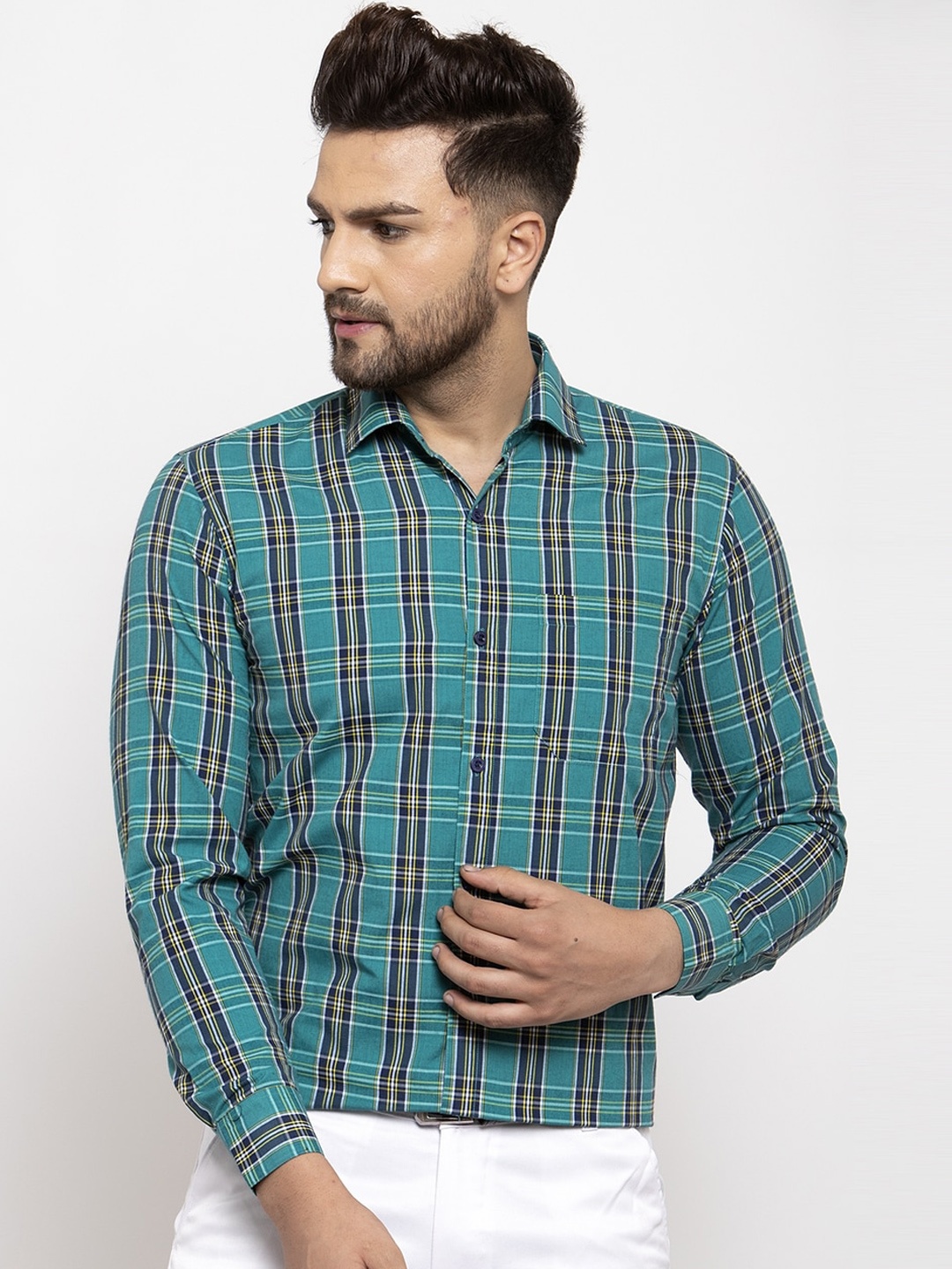 

JAINISH Men Green Regular Fit Checked Casual Shirt
