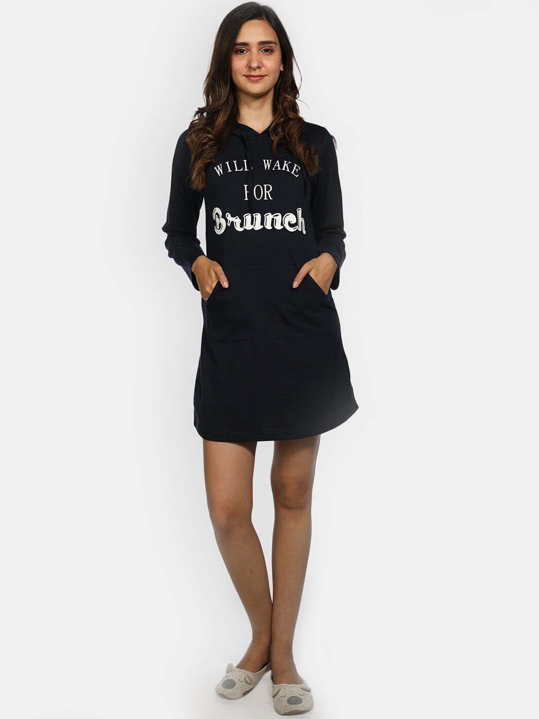 

Nite Flite Women Navy Blue Printed Hooded Nightdress