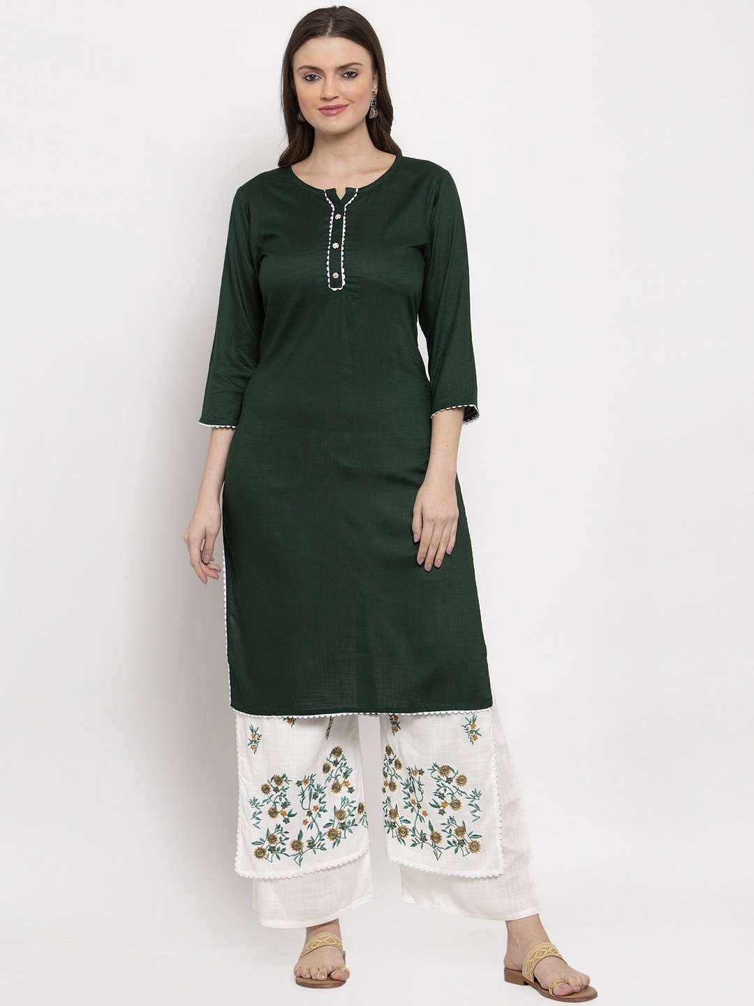 

Miaz Lifestyle Women Green & White Embroidered Kurta with Trousers
