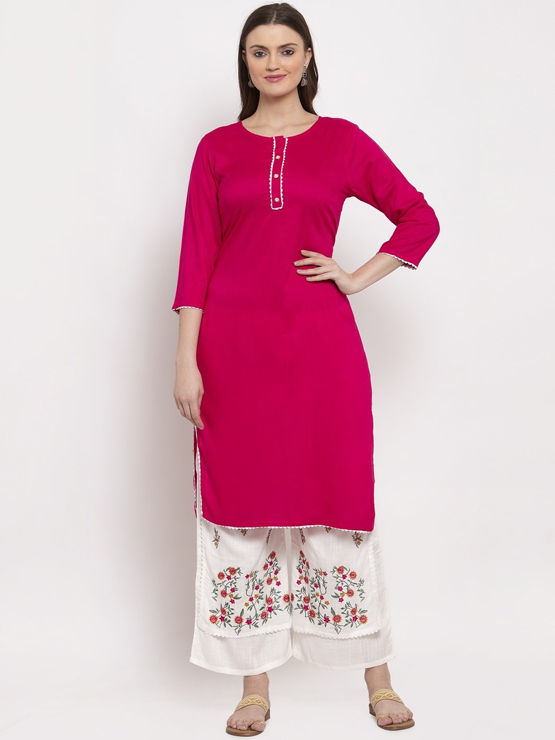 

Miaz Lifestyle Women Pink & White Solid Kurta with Palazzos