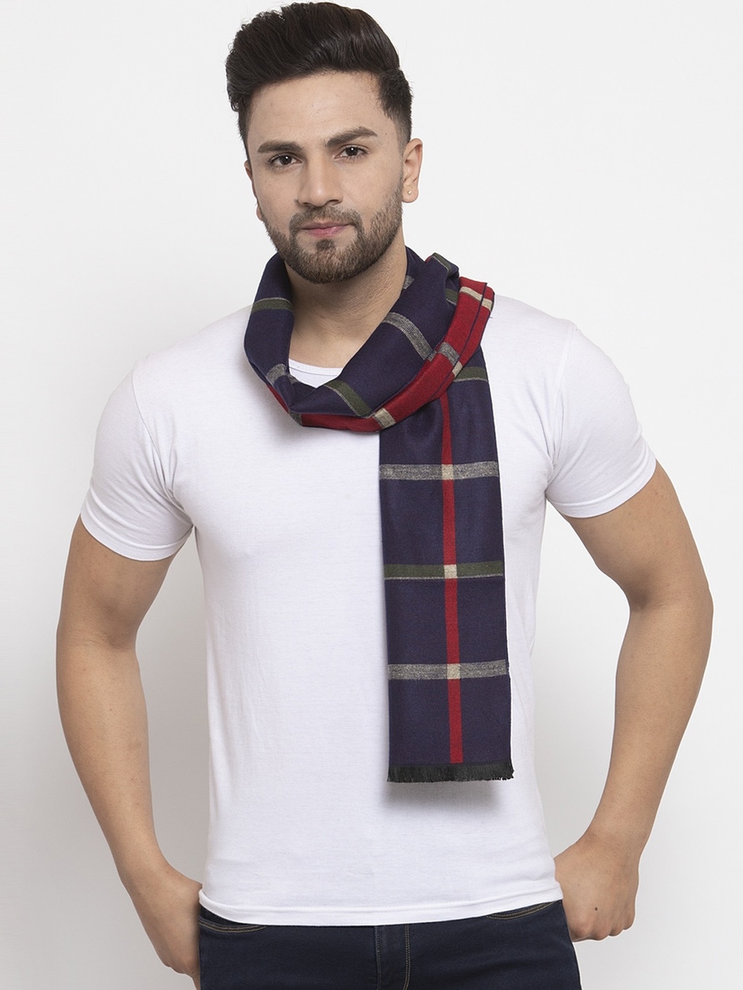 

Calvadoss Men Navy Blue & Red Checked Premium Muffler