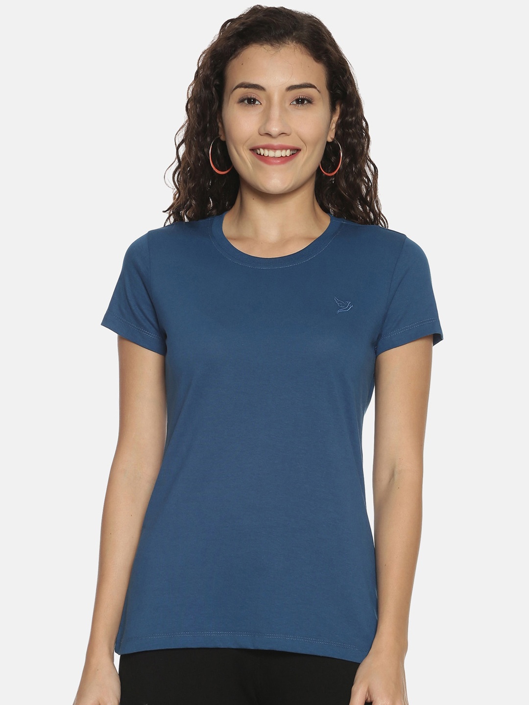 

TWIN BIRDS Women Blue Solid Round Neck T-shirt
