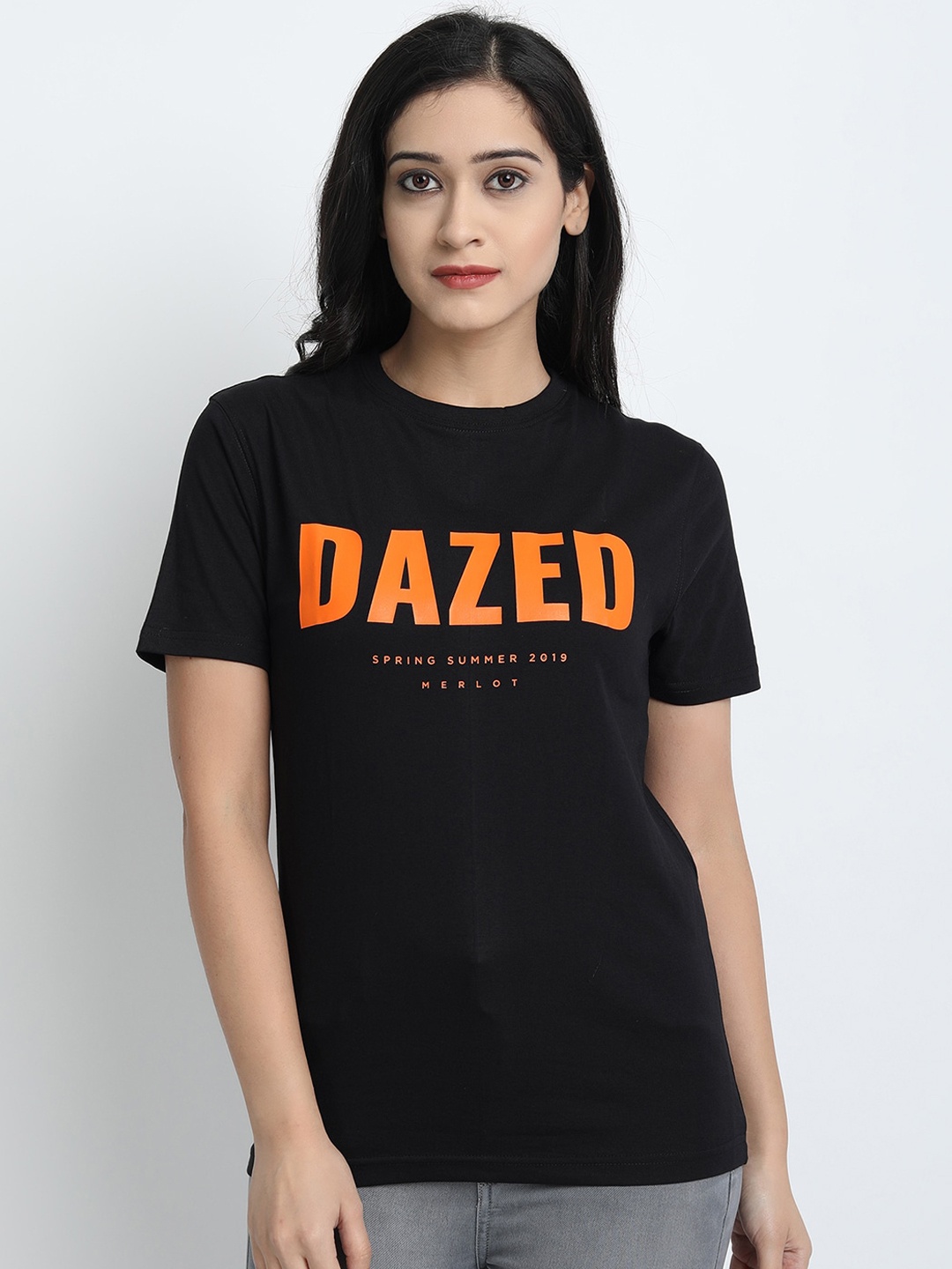 

MERLOT Unisex Black & Orange Printed Round Neck T-shirt