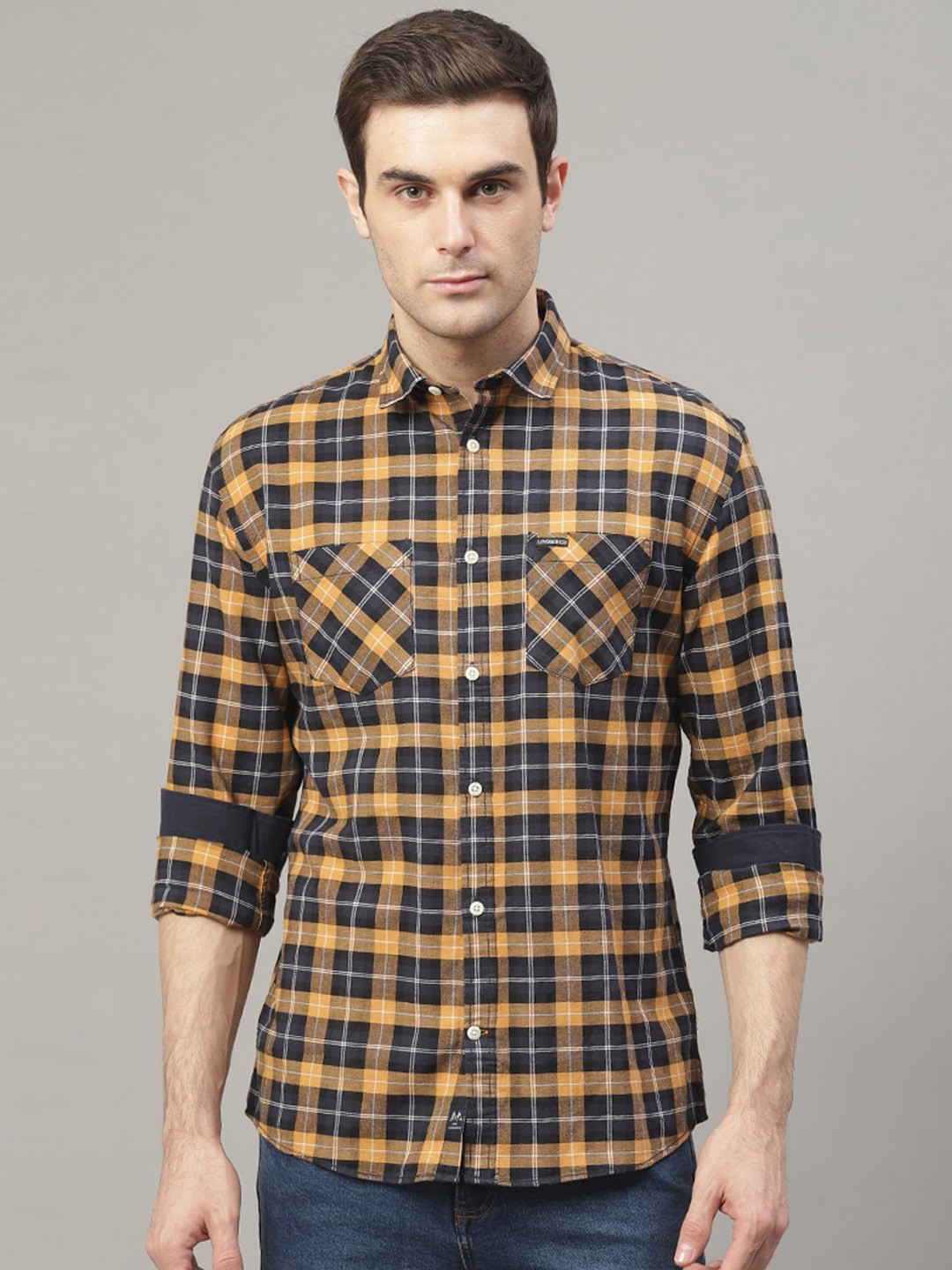

LINDBERGH Men Yellow & Charcoal Grey Regular Fit Checked Casual Shirt
