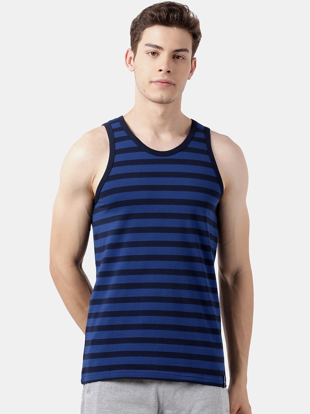Pepe Jeans Men Navy Blue & Black Striped Gym Vest