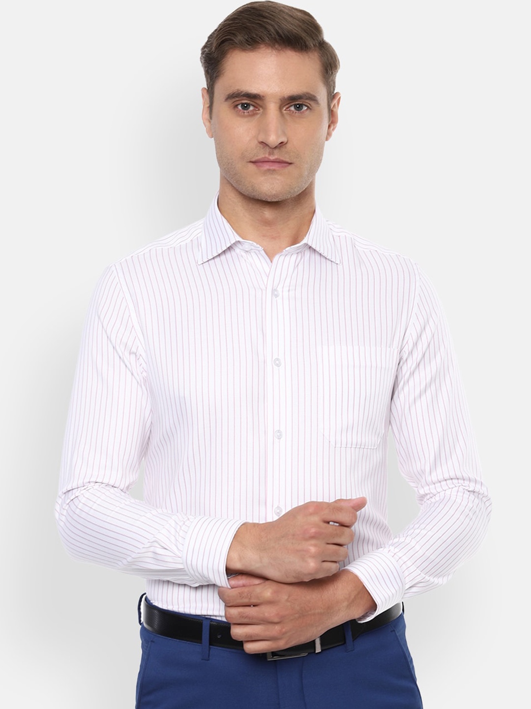 

Louis Philippe Permapress Men White Regular Fit Striped Cotton Formal Shirt
