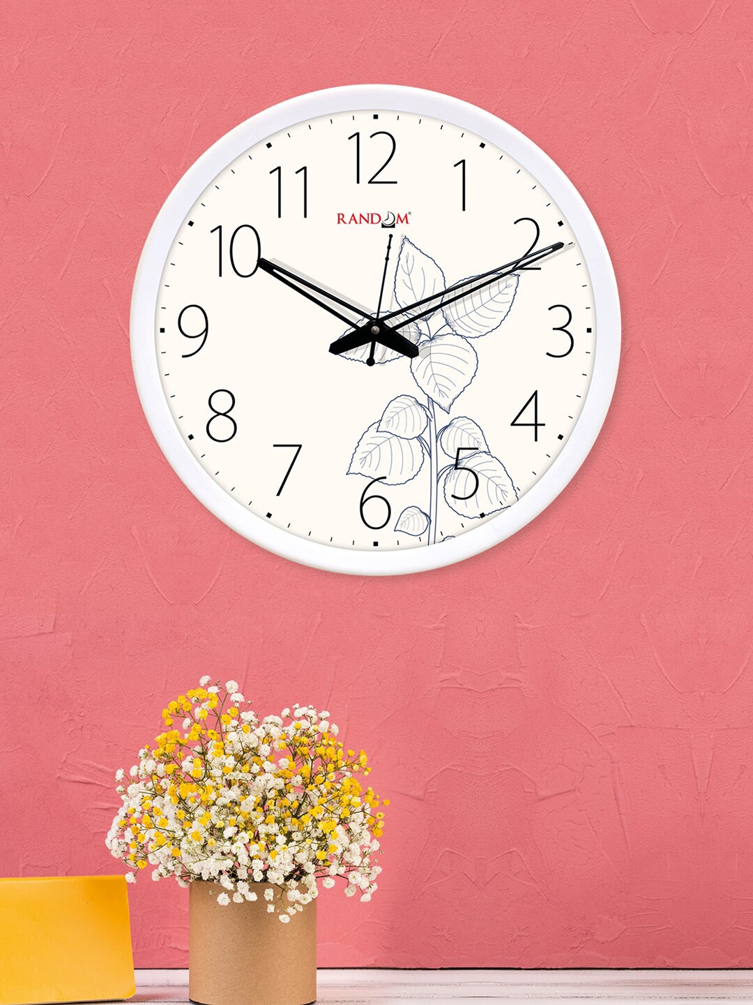 

RANDOM White & Cream Leaf Printed Round-Shaped Analogue Wall Clock With Glass
