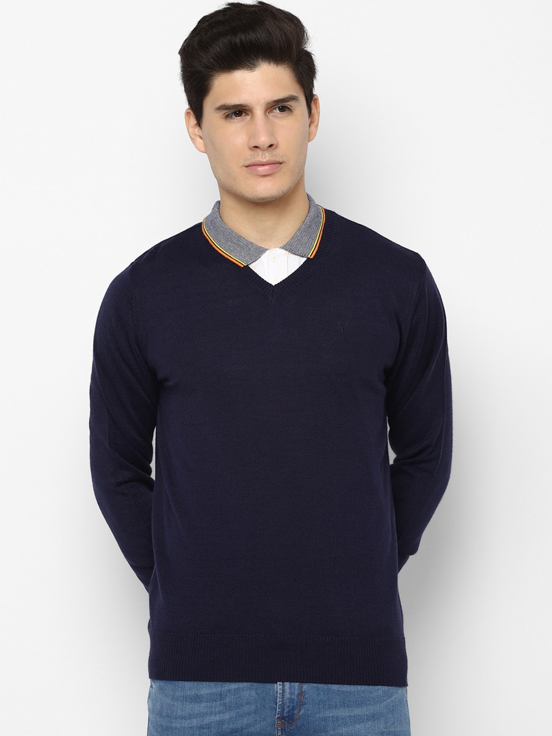 

Allen Solly Men Navy Blue Solid Pullover Sweater