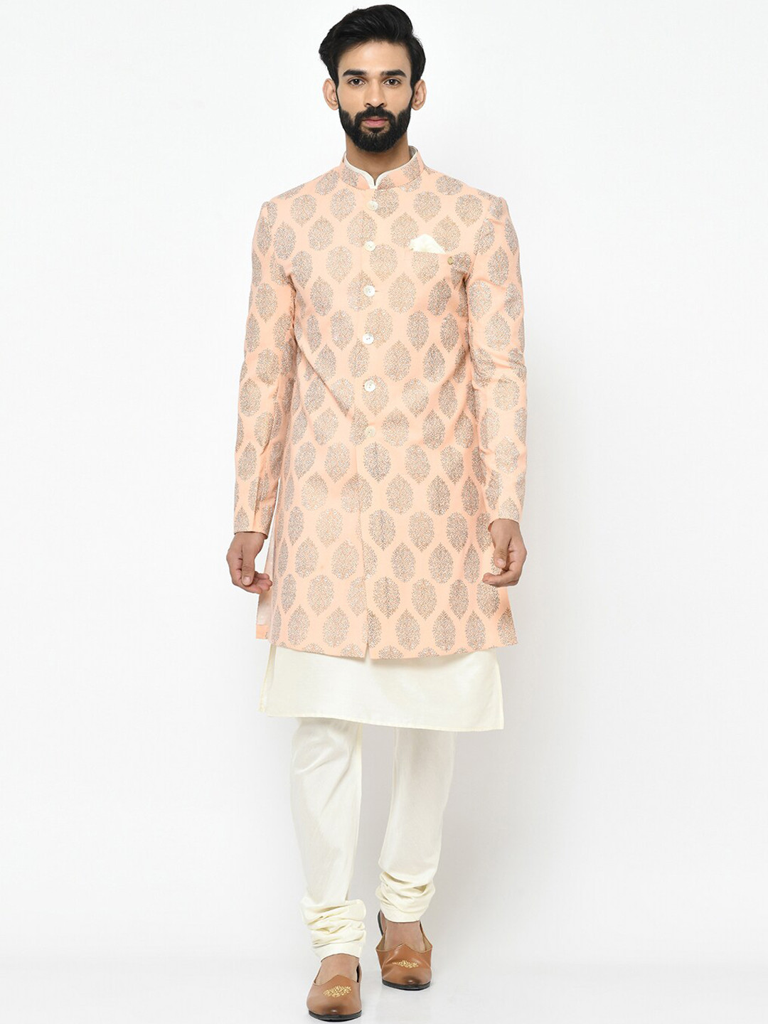 

Vartah Men Peach-Coloured & Gold-Coloured Printed Sherwani Set