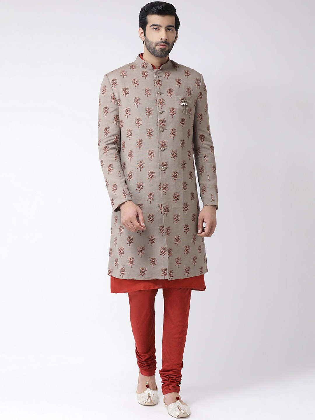 

Vartah Men Taupe & Rust-Red Printed Sherwani Set