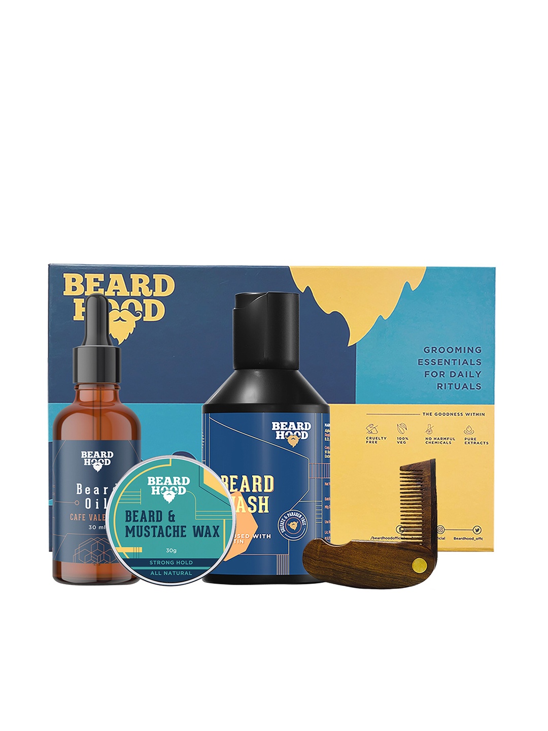 

Beardhood Caf Valentino Beard Oil, Wash, Comb, Mustache Wax Complete Beard Care Kit 330 gm, Transparent