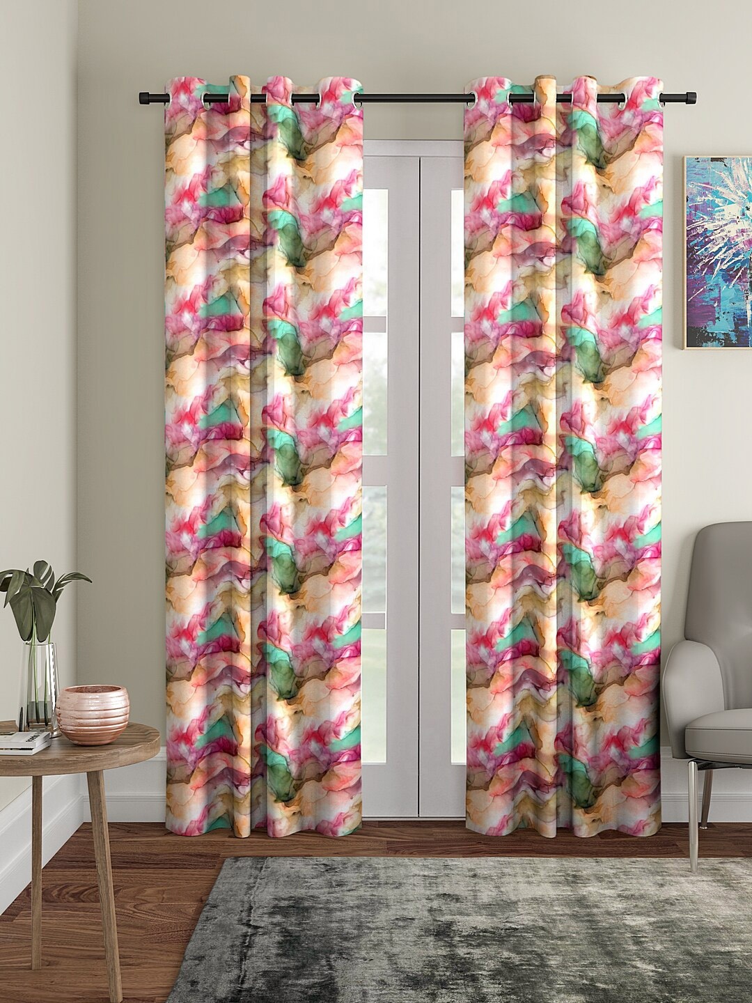 

Cortina Set Of 2 Pink & Beige Digital Printed Long Door Curtains