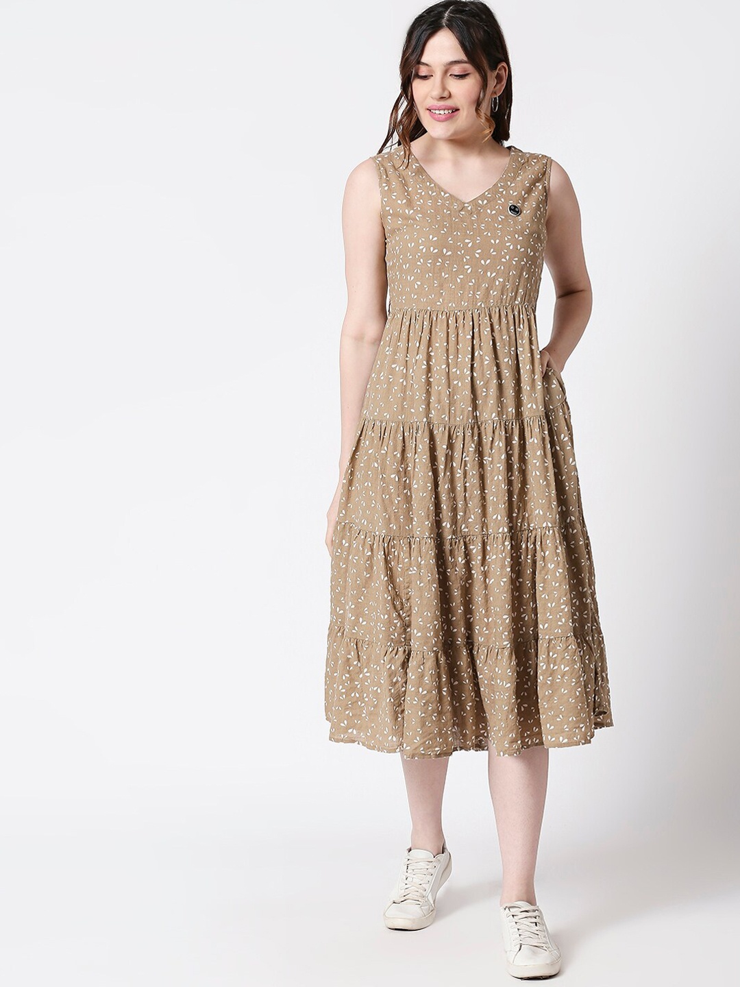 

TERQUOIS Women Beige Printed Fit and Flare Dress