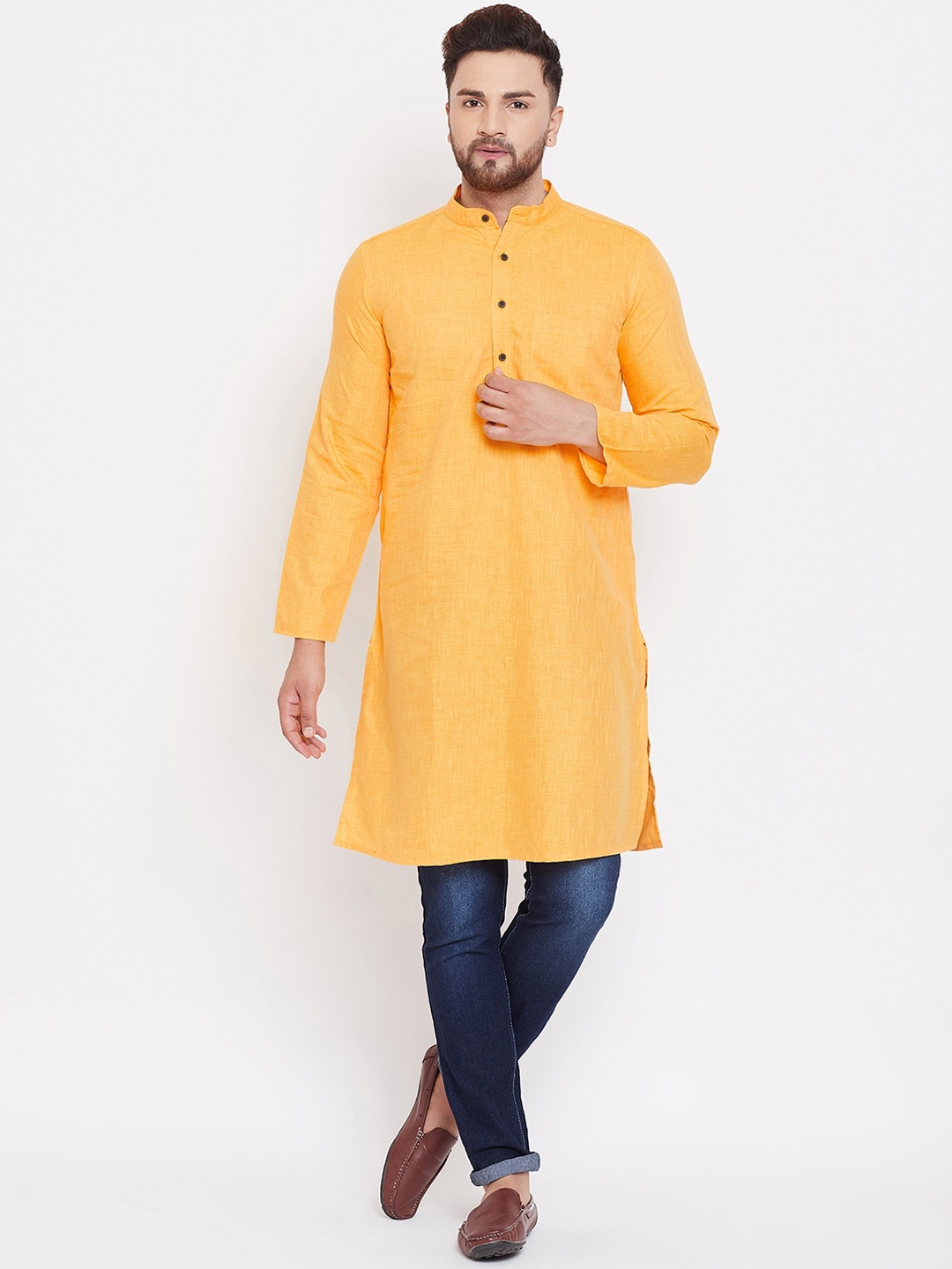 even Men Yellow Solid Straight Kurta