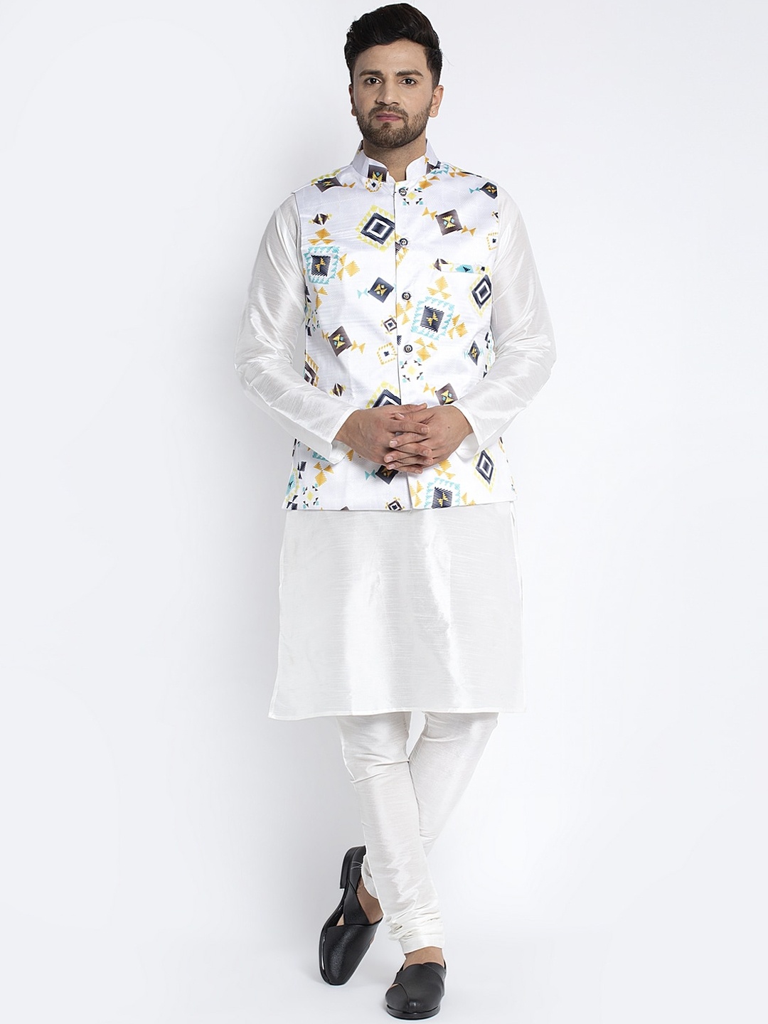 Benstoke Men White Solid Kurta with Churidar & Nehru Jacket