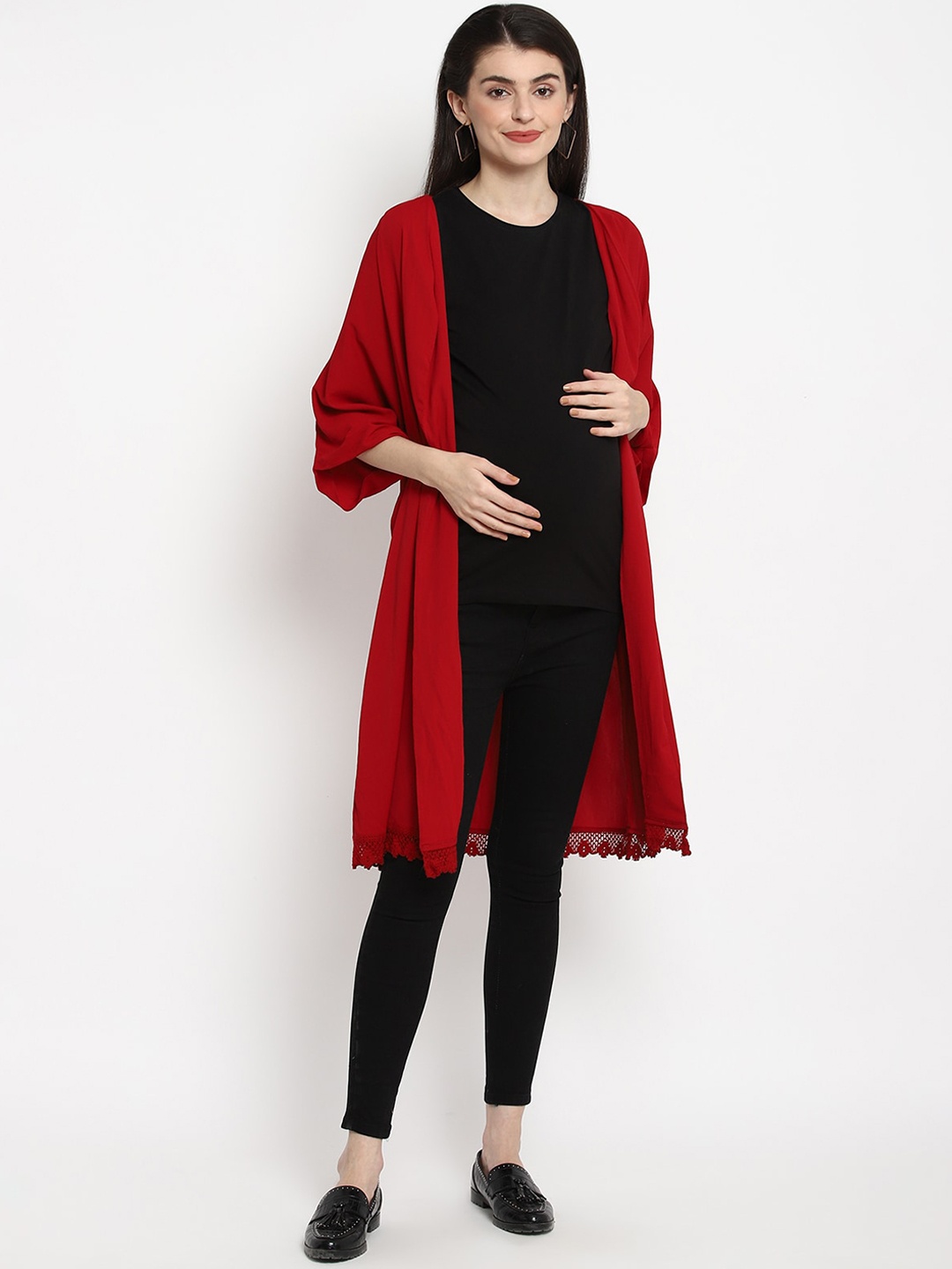 

The Vanca Women Red Solid Open-Front Longline Maternity Shrug