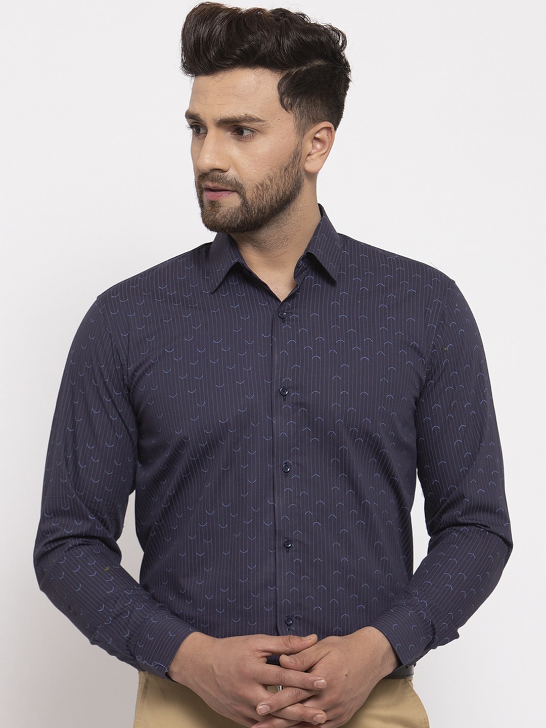 

JAINISH Men Navy Blue & Grey Slim Fit Striped Casual Shirt