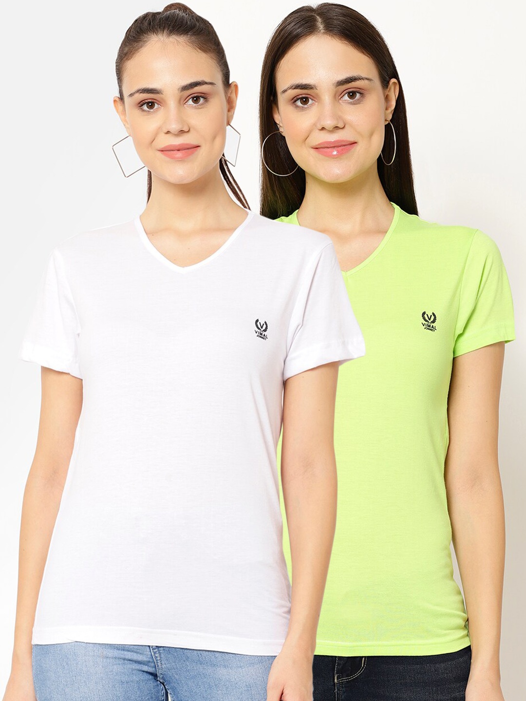 

MACK JONNEY Women Pack Of 2 Solid V-Neck T-shirt, White