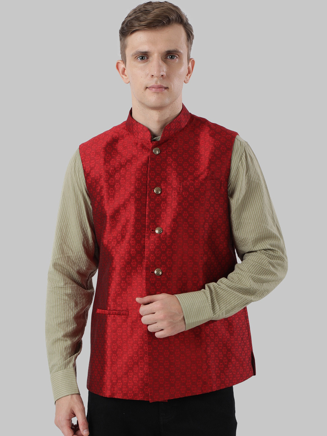 

Ethnix by Raymond Men Red Woven Design Pure Cotton Nehru Jacket
