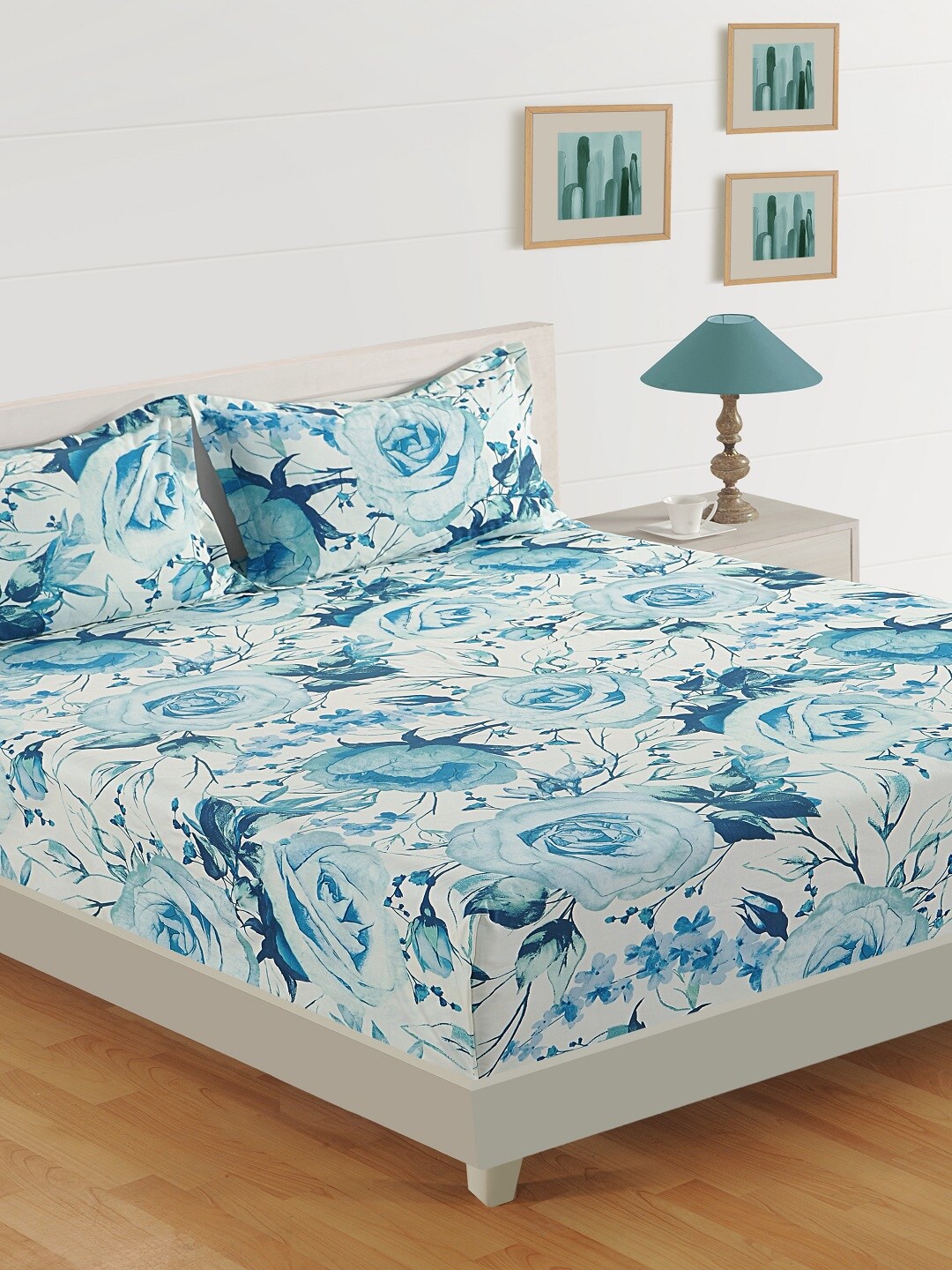 

SWAYAM Blue Floral 160 TC Cotton 1 King Bedsheet with 2 Pillow Covers